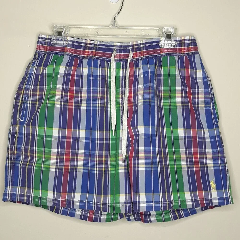 Polo Ralph Lauren Madras Plaid Cotton Blend Swim Trunks L Preppy Old Money